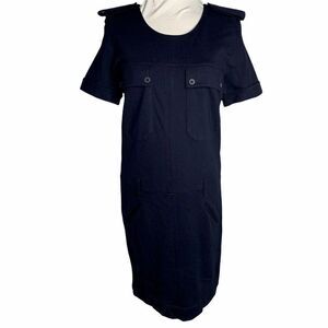 Vintage Karl Lagerfeld Midi Shift Dress M Navy Blue Pockets Stretch Military